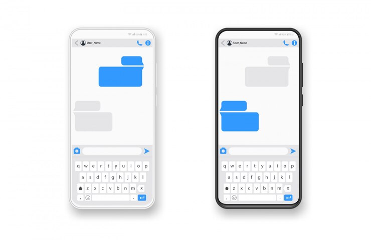 Vector smartphone zwart en wit, chatten sms app-sjabloon bubbels, zwart en wit thema. plaats uw eigen tekst in de berichtwolken. stel dialogen samen met voorbeeldbellen!