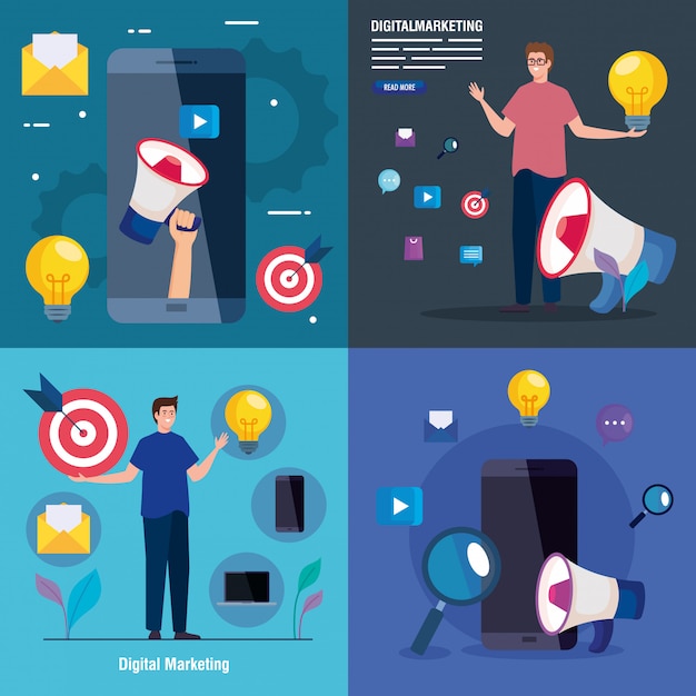 Vector smartphones en mannen avatars met icon set van digitale marketing