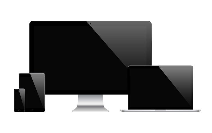 Vector smartphones tablets laptops and computer monitors black color with blank screen isolated
