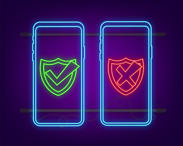 Smartphone con segni di spunta al neon. spunta e spunta i segni di spunta. illustrazione di riserva di vettore.