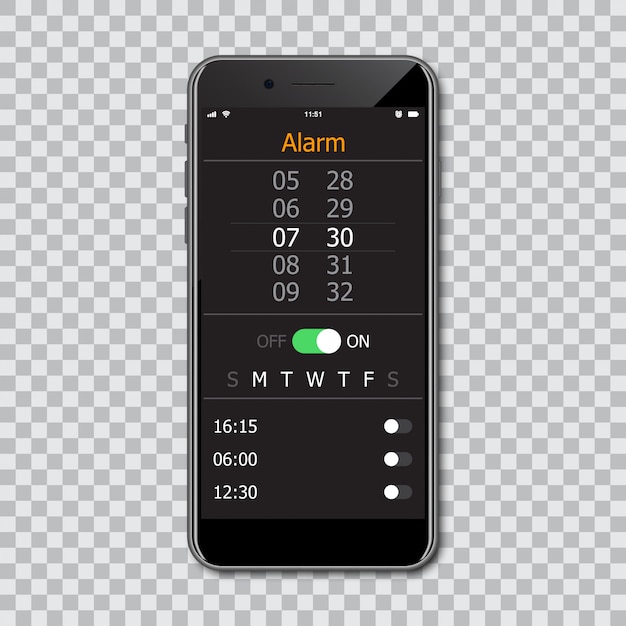 Vector smartphones with mockup alarm interface.