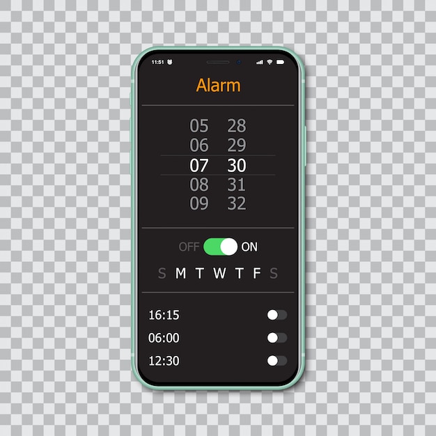 Smartphones with mockup alarm interface.