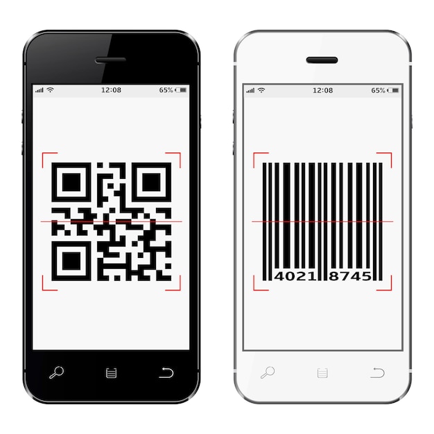 Вектор Смартфоны с qr и штрих-кодом на экране, изолированные на белом фоне