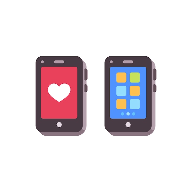 Smartphpones met like en apps. Mobiele telefoons plat pictogrammen