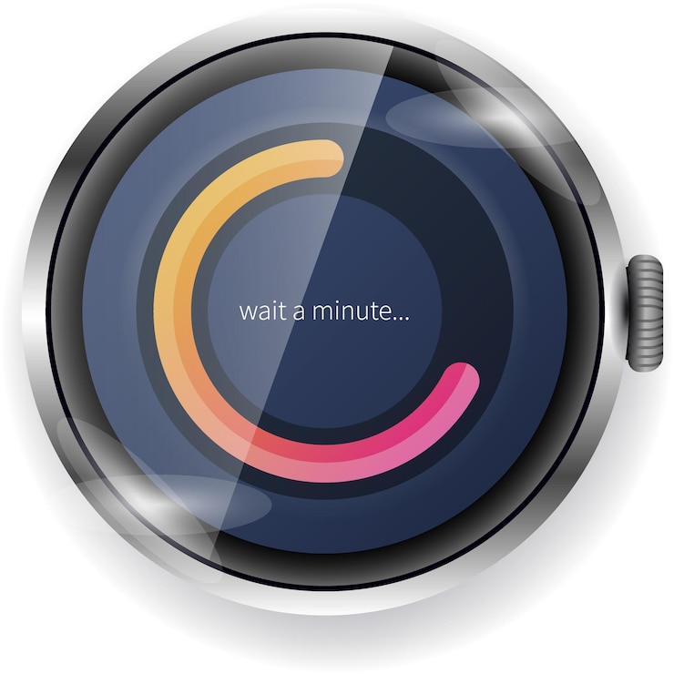 Vector smartwatch loading screen ui with colorful circular progress bar and wait message