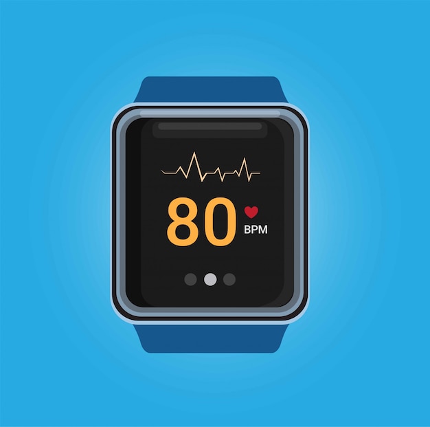 Vettore smartwatch con l'app di controllo della frequenza del battito cardiaco nell'illustrazione realistica nel fondo blu