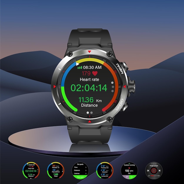 Smartwatch with multiple smart watch clock faces vector illustration