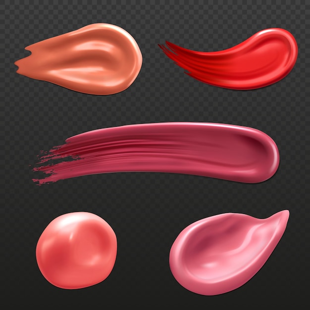 Vector smears of lipstick nail polish or paint brush strokes set isolated on dark background