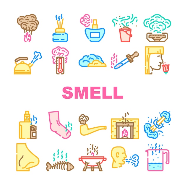 Vector smell nose aroma odor icons set vector sense gas air line smoke cloud fragrance fresh bad loss anosmia fart woman smell nose aroma odor color line illustrations