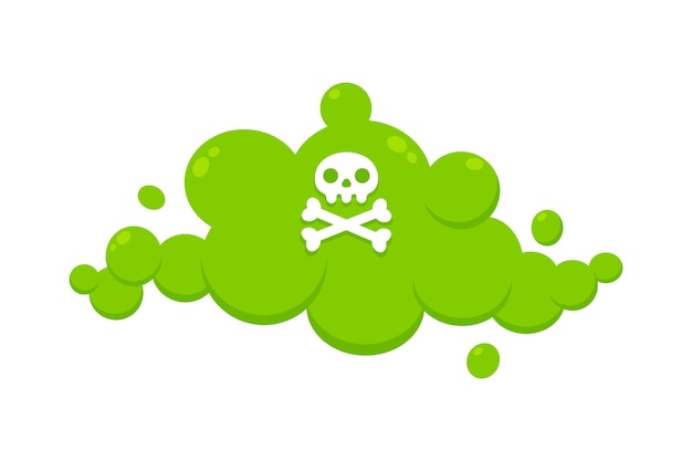 Smelling green cartoon fart cloud flat style design vector illustration with crossbones skull