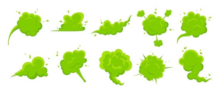 Vector smelling green cartoon smoke or fart clouds flat style design vector illustration set