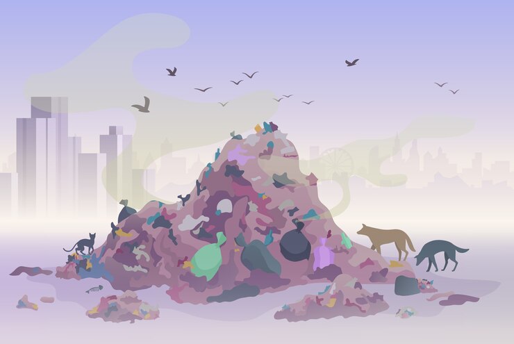 Vector smelling landfill waste landscape with city skyscrapers on the background. pollution environment concept  