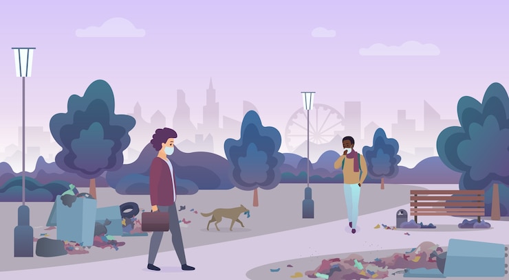 Vector smelling landfill waste with unhappy people in masks in disadvantaged city area street