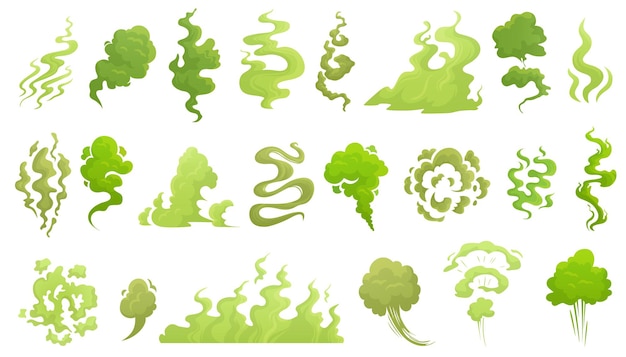 Vector smelling smoke. bad smell cloud, green stink aroma and stinky smoke cartoon illustration set.