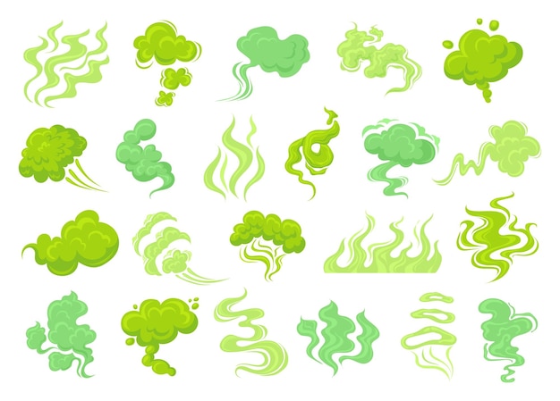 Smelly smoke Pu stink clouds old nasty odor green fumes poison gas bad aroma breath smelling fart rotten food odour fragrance cooking effect cartoon neat vector illustration