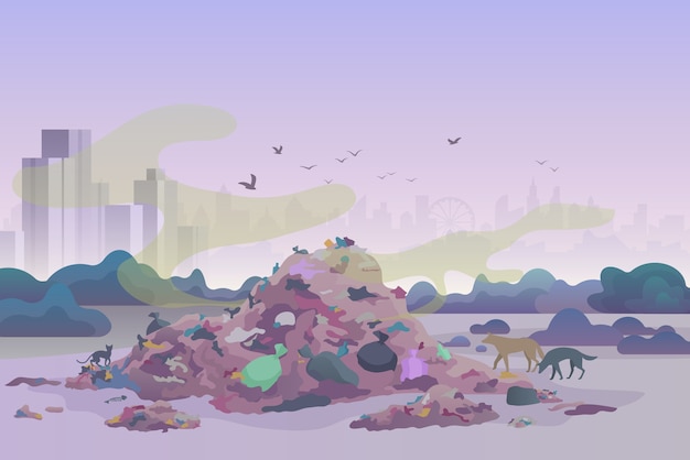 Vector smelly stinking littering waste dump landfill with cats and dogs and city skyline on the background