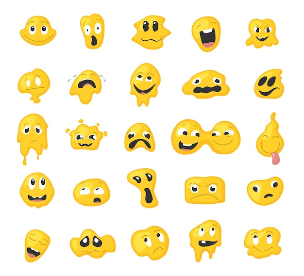 Vector smelt gezichten set jaren 90 retro groovy items vervormde gele emoji gezichten geïsoleerde oblects trippy psychedelische stickers vector cartoon platte set