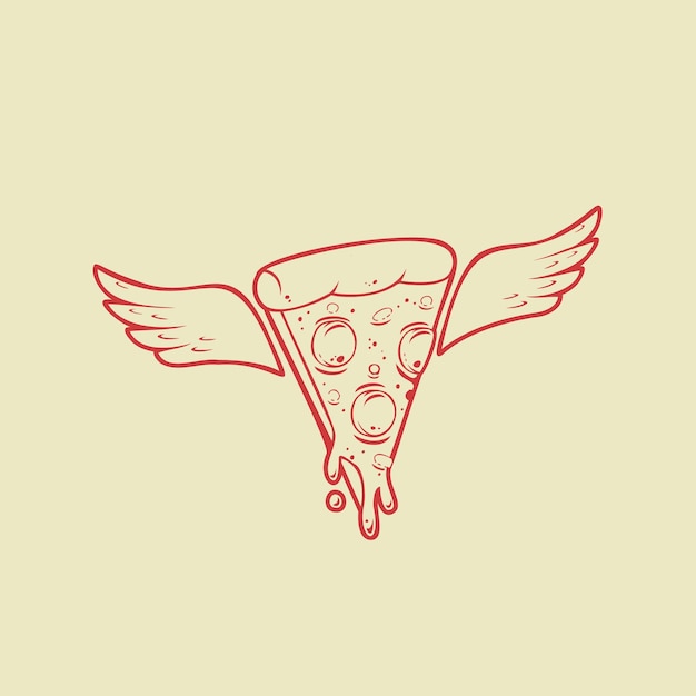 Smeltende mozzarella kaas pizza plak met vleugel illustratie logo pictogram plak van pizza vleugel zwart-wit afbeelding