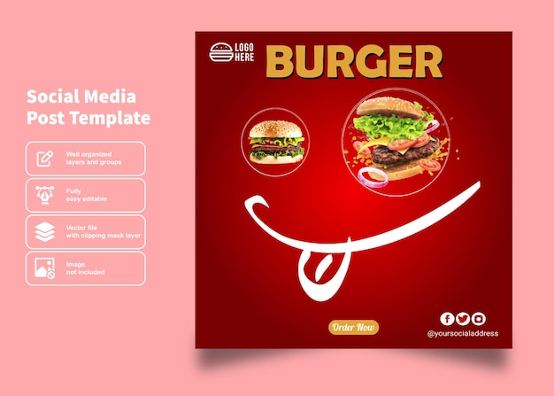 Vettore smile hamburger fast food flyer e poster design per il vettore premium del modello di post sui social media