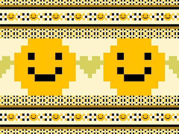 Smile cartoon character seamless pattern on yellow backgroundPixel style