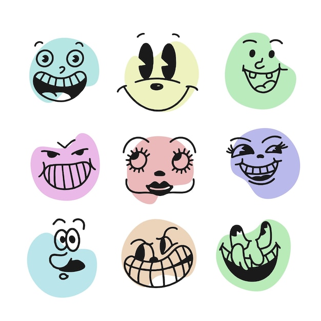 Smile face retro emoji Faces of cartoon characters from the 30s Vintage comic smile vector