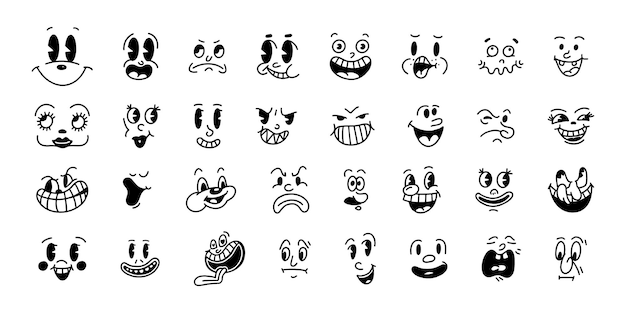 Smile face emoji retrò volti di personaggi dei cartoni animati degli anni '30 vettore di sorriso comico vintage