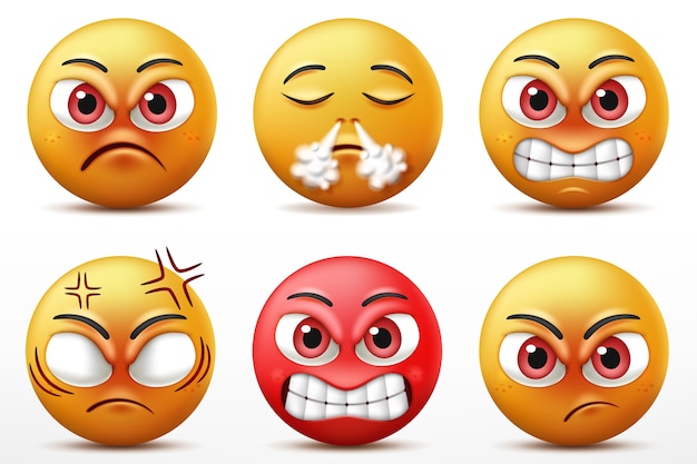 Vector smile faces emoticon character set, facial expressions of cute yellow faces in angry and furious.   illustration