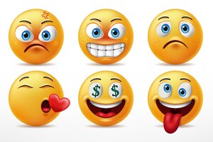 Vector smile faces emoticon character set, facial expressions of cute yellow faces in angry, in love, go mad, and feeling sad.