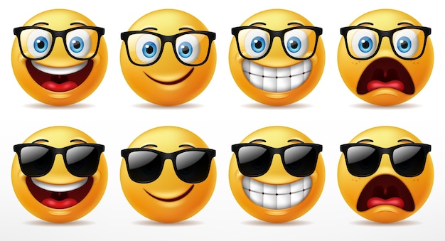 Vector smile faces emoticon character set, facial expressions of cute yellow faces wearing sunglasses.