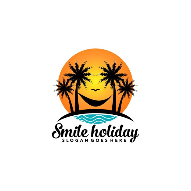 Vector smile holiday sunset with palm tree logo design