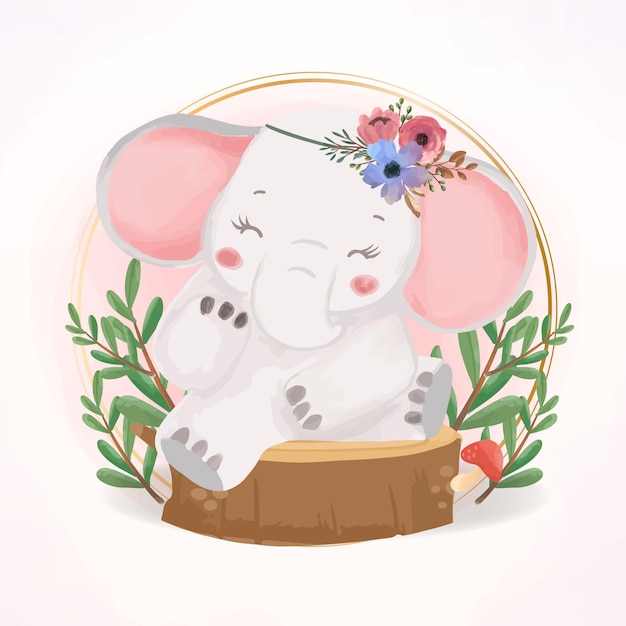 Smile Little Baby Elephant sitting in wood Watercolor animal with flower wreath illustration