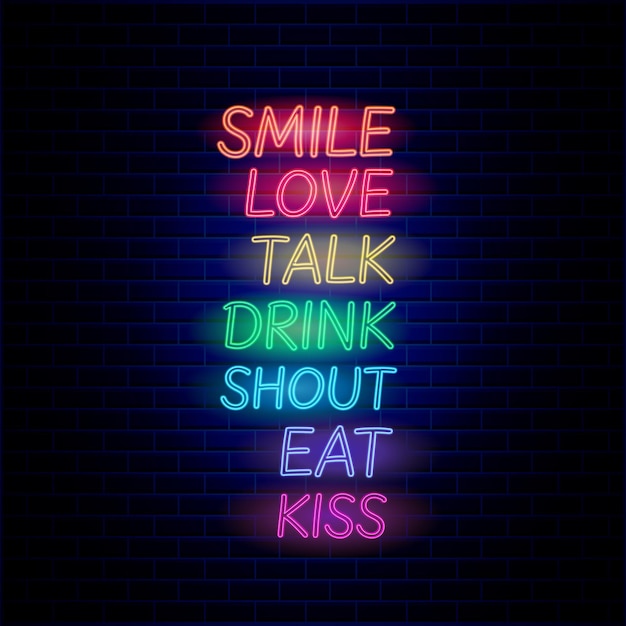 Vector smile love talk drink shout eat kiss neon lettering on the brick background