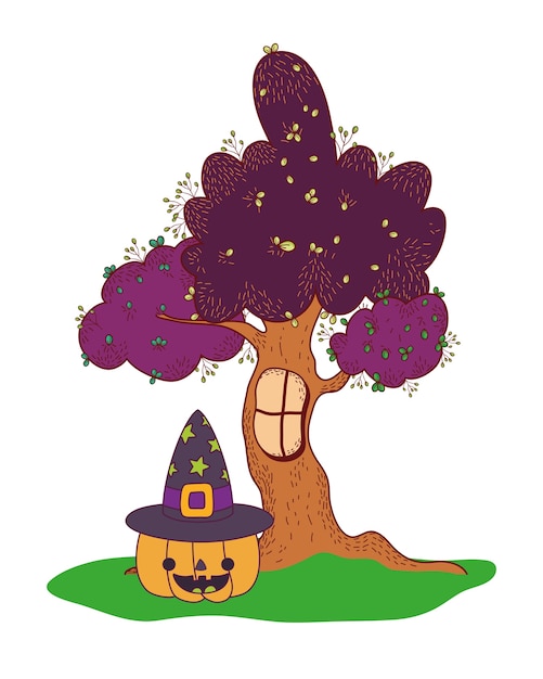 Smile pumpkin with witch hat and tree window