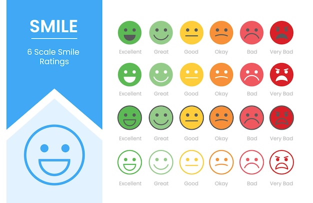 Smile rating customer experience with 6 symbol concept icon set collection pack with modern flat style