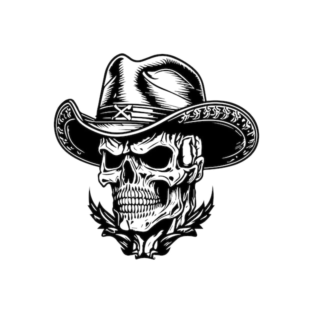 smile skull wearing cowboy hat hand drawn illustration