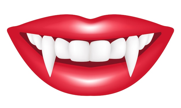 吸血鬼の笑顔 吸血鬼の牙 白い背景に分離されたベクトルの現実的なイラスト