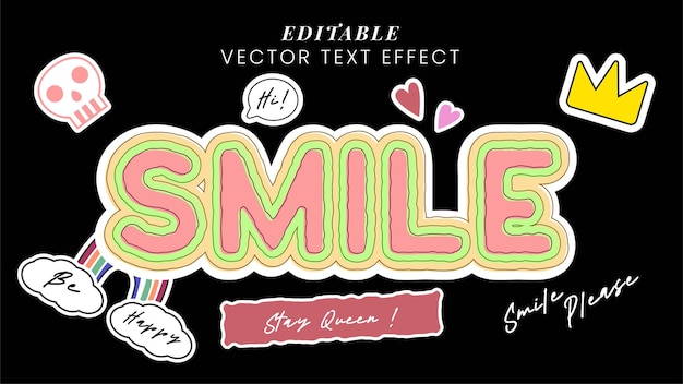 Smile Vintage design text effect design cute 80 90's style vibes with patch black background