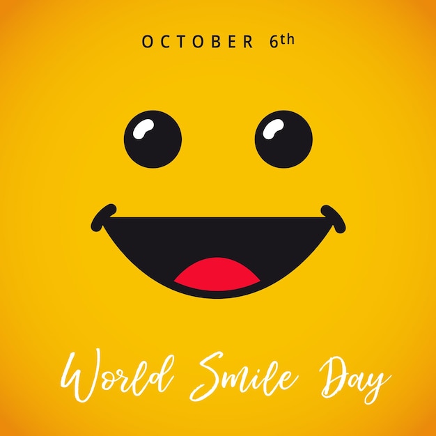 Vettore sorridi con la lingua e la scritta world smile day su sfondo giallo. giornata mondiale del sorriso ottobre