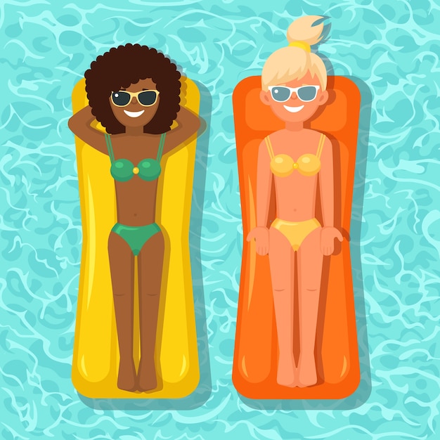 笑顔の女性、女の子が泳ぐ、スイミングプールのエアマットレスで日焼け。水の背景にボールをおもちゃに浮かぶ人。不可能円。夏休み、休暇、旅行