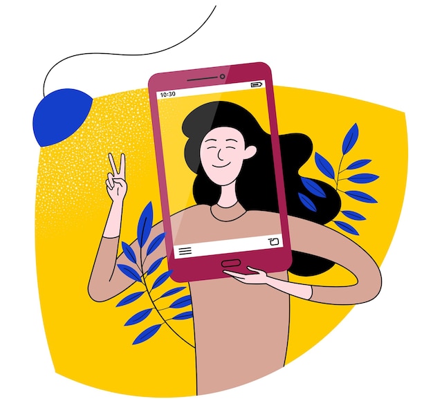 La donna sorridente fa il telefono selfie sotto la lampada della luce modello di atterraggio dell'illustrazione vettoriale di tendenza isolata