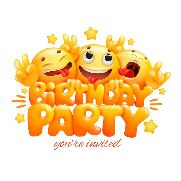 Smile yellow faces emoji cartoon characters. Birthday party card.