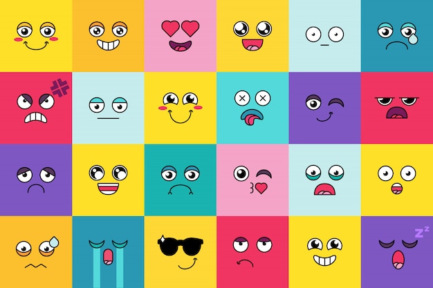 Smiley, cute emoji sticker set. Cute moticon, social media cartoon face pack. Mood expression