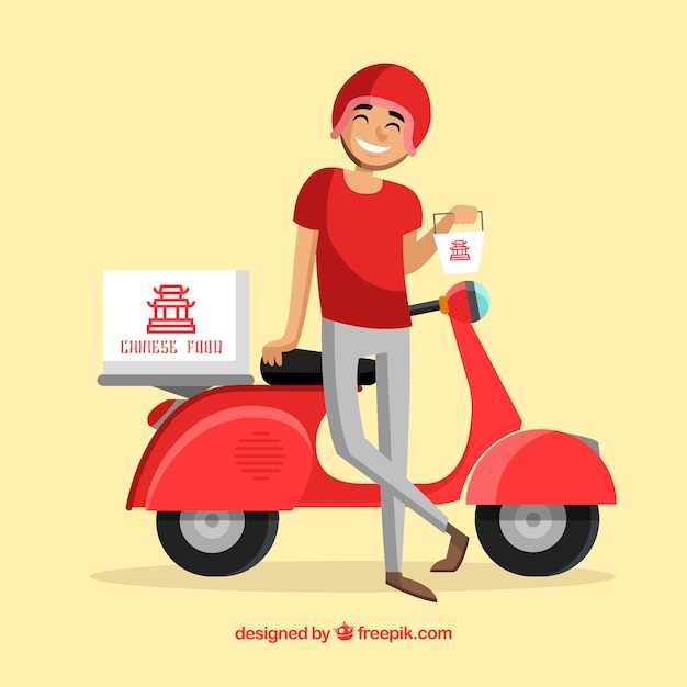 Smiley deliveryman with chinese food