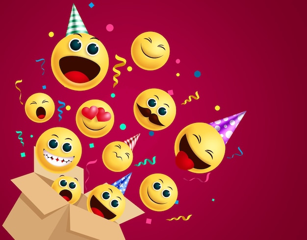 Vettore faccina emoji compleanno sorpresa vettore concetto emoji emoticon nella scatola sorpresa festa di compleanno