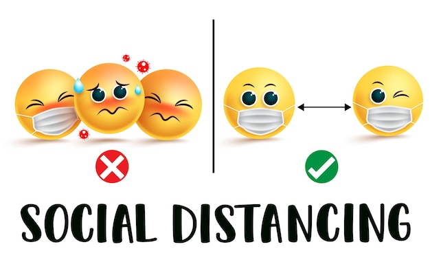 Emoji smiley segno vettoriale di distanza sociale istruzioni di avvertenza di testo di distanza sociale con emoji