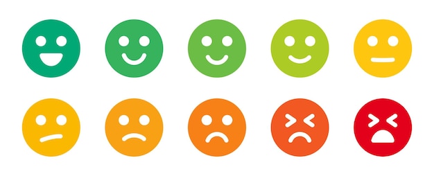 Smiley emoticon overzicht vector icon set. Emotie van blij tot verdrietig gezichtsuitdrukking illustratie.