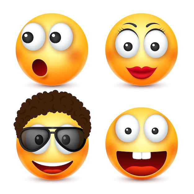 Vector smiley emoticon set geel gezicht met emoties stemming gezichtsuitdrukking realistische emoji verdrietig gelukkig boos