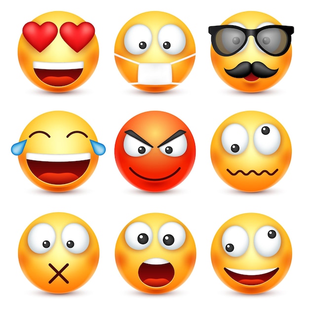 Vettore smiley emoticon set faccia gialla con emozioni umore espressione facciale emoji realistica triste felice arrabbiato