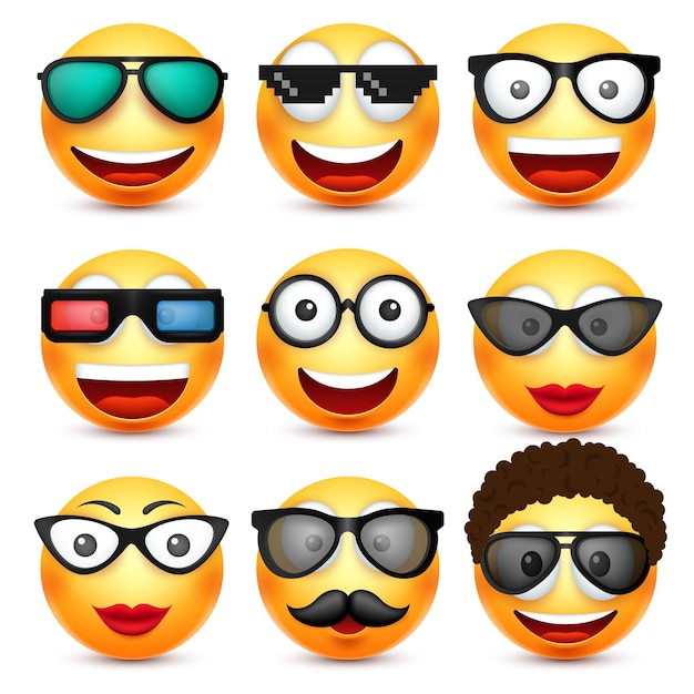 Smiley emoticon set yellow face with emotions mood facial expression realistic emoji sad happy angry