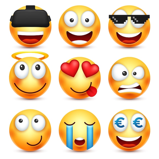 Vettore smiley emoticon set faccia gialla con emozioni umore espressione facciale emoji realistica triste felice arrabbiato